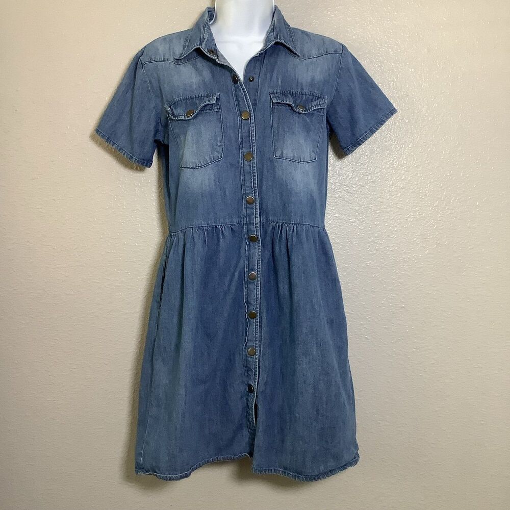 Oasis Blue Denim Retro Button Up Western Cowgirl Country Casual Dress Sz 8